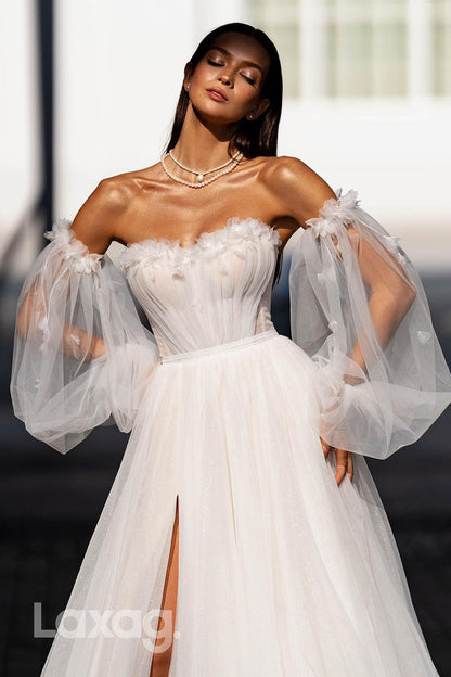 12528 - StraplessTulle Sleeves Brush Train Empire Wedding Dress