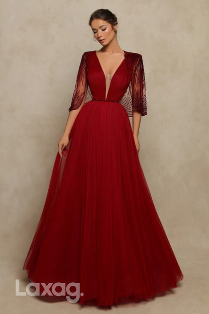 12709 - Red Low V-Neck Strap Beaded Gown Evening Dresses