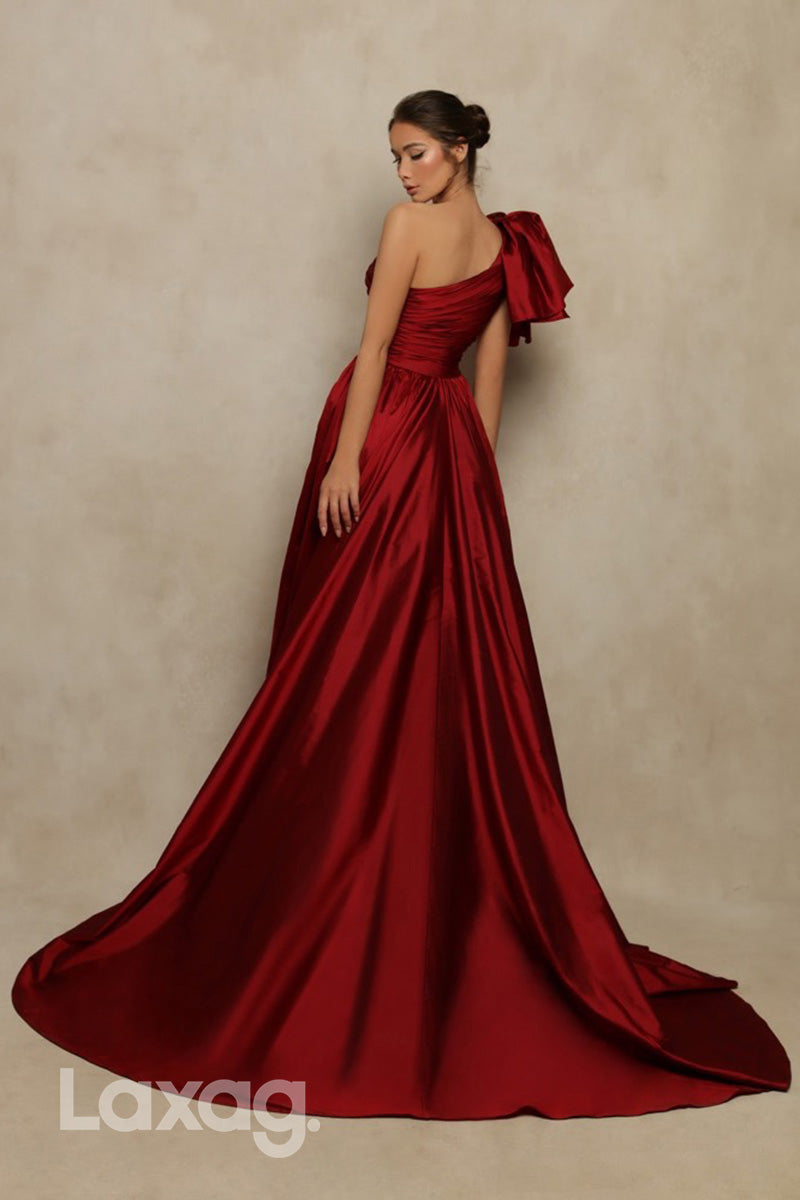 12711 -  Red One Shoulder Empire pleats Split Formal Evening Dresses