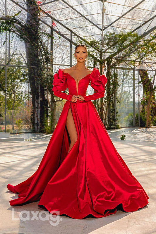 12721 - Red Deep V-Neck Slit Pleated long sleeves Evening Dress