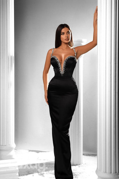 12775 - Black Crystal Straps Deep V-Neck Sheath Prom Evening Dress