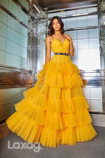 13720 - Yellow Spaghetti Straps V-Neck Formal Evening Dresses