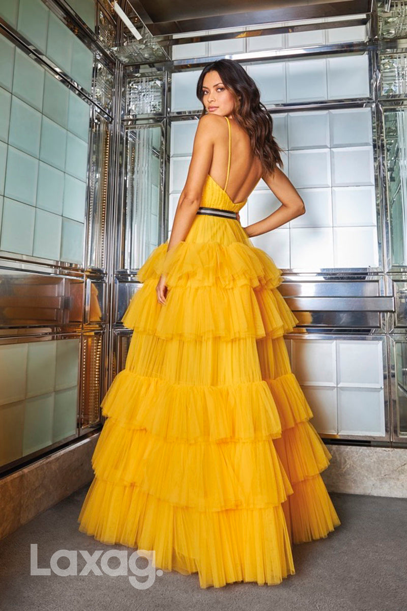 13720 - Yellow Spaghetti Straps V-Neck Formal Evening Dresses