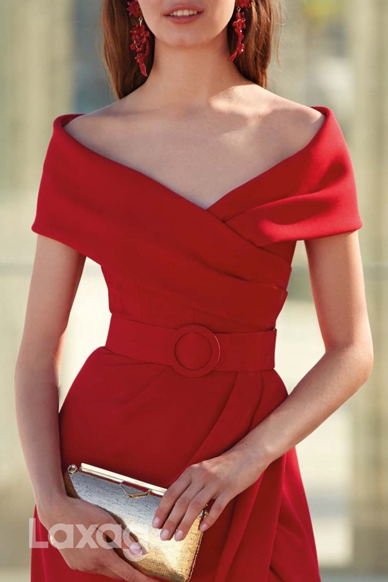 13730 - Red Off-Shoulder Split Floor-Length Prom Evening Dress