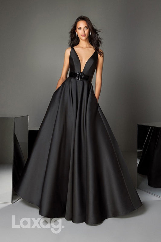 13752 - Black Low V-Neck Straps Satin Gown Evening Dress