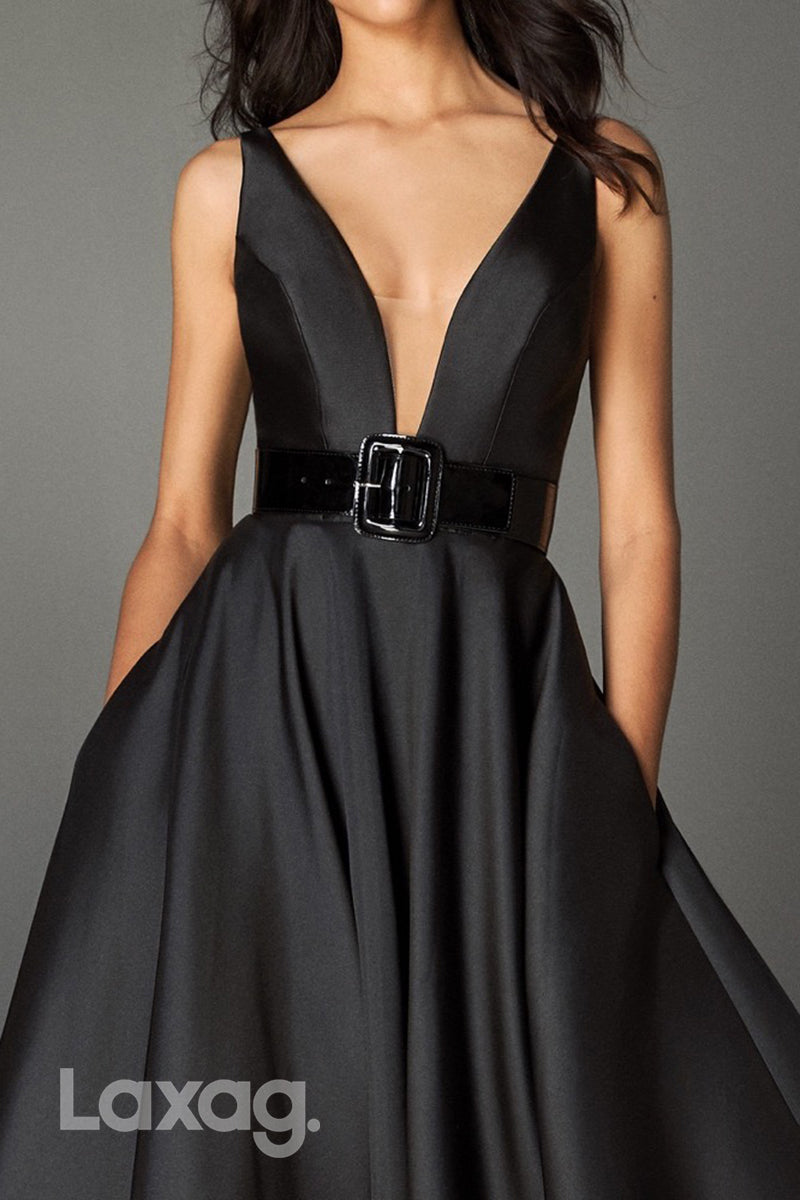 13752 - Black Low V-Neck Straps Satin Gown Evening Dress