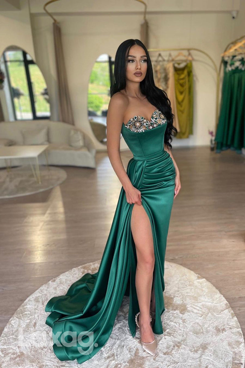 14751 - Sweetheart Crystal Draped Satin Prom Evening Dress With Slit