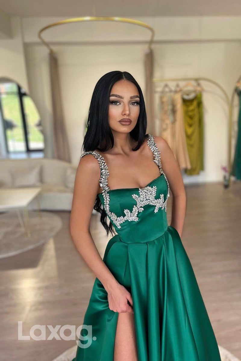 14774 - Green Crystal Beaded Straps Split  A-Line Prom Evening Dress