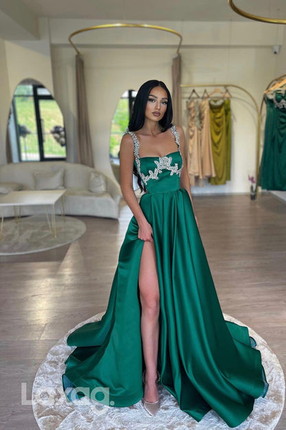 14774 - Green Crystal Beaded Straps Split  A-Line Prom Evening Dress