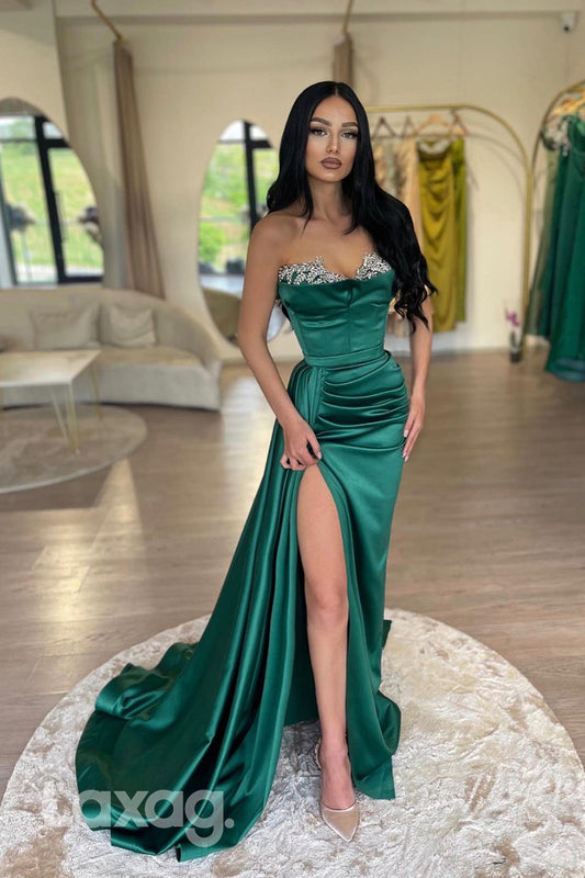 14780 - Sweetheart Crystal Beaded Ruched Evening Dress With High Slit