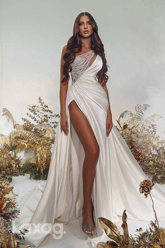 15646 - Asymmetrical Straps Beaded High Split Wedding Dress