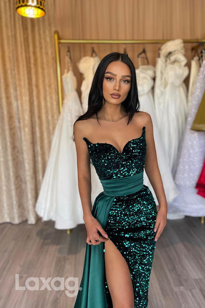 15746 - Green Sweetheart Sequined Satin Ruched Prom Evening Dress With Slit