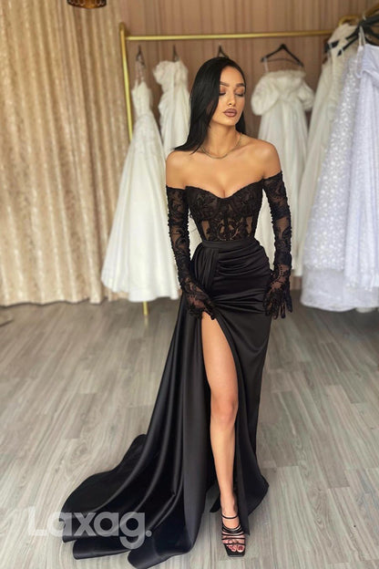 15747 - Black Sweetheart Sheer Lace Prom Evening Dress With Split