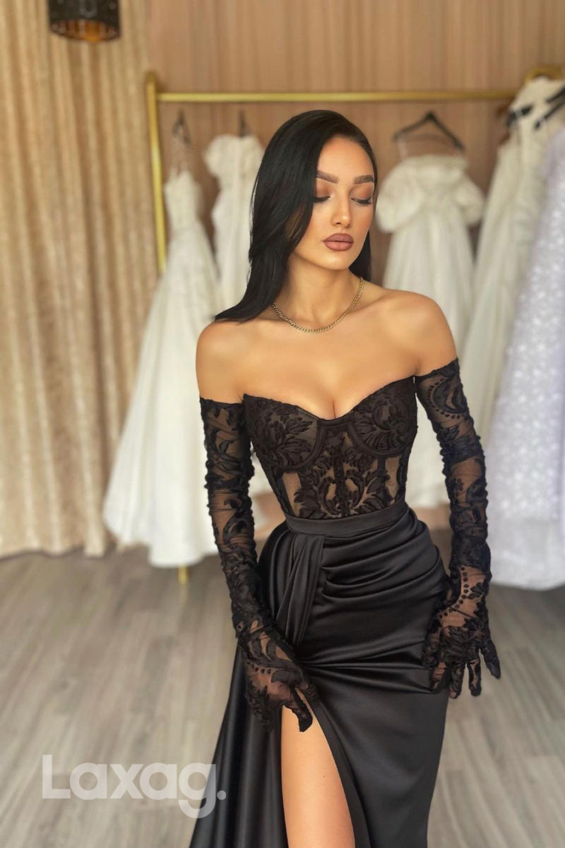 15747 - Black Sweetheart Sheer Lace Prom Evening Dress With Split