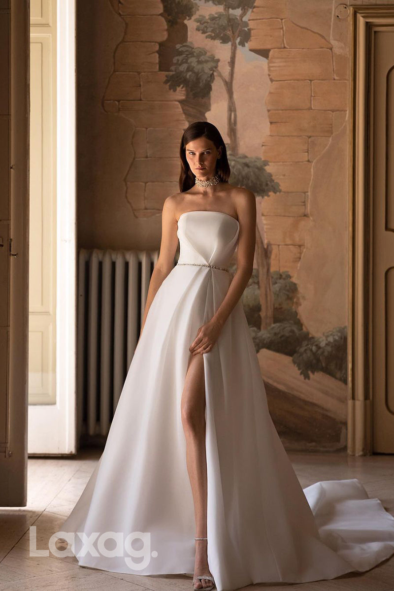 12500 - Luxurious Strapless Ruched Sashes Long Wedding Dress With Split