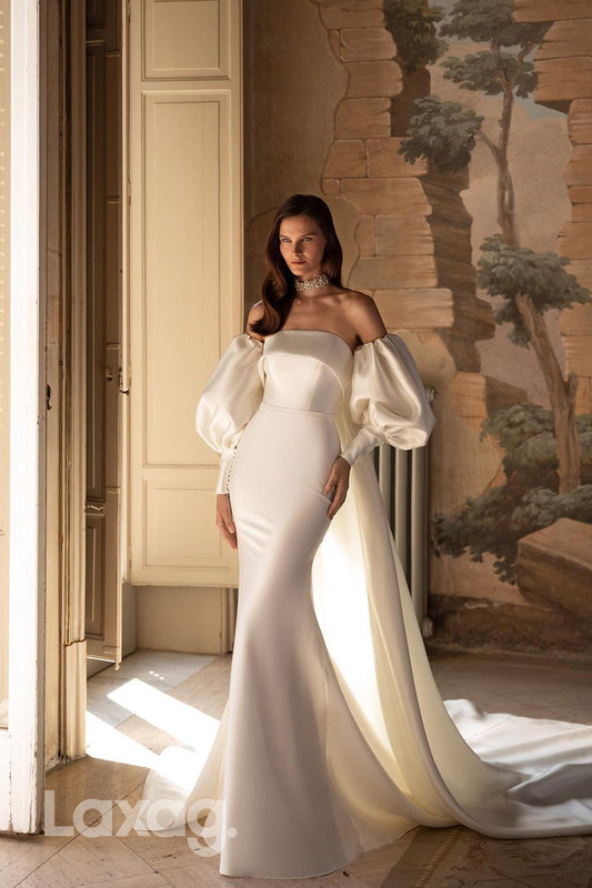 12525 - Elegant Puff Sleeves Strapless Mermaid Wedding Dress