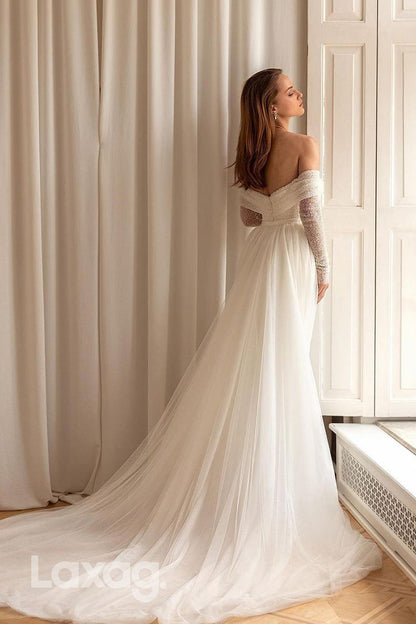 12526 - Luxurious Off-Shoulder Sashes Sheer Sequined Wedding Dress