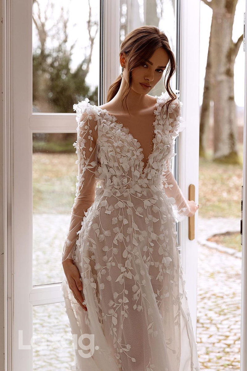 12504 - Elegant V-Neck Sheer Tulle Appliques Open Back Wedding Dress With Split
