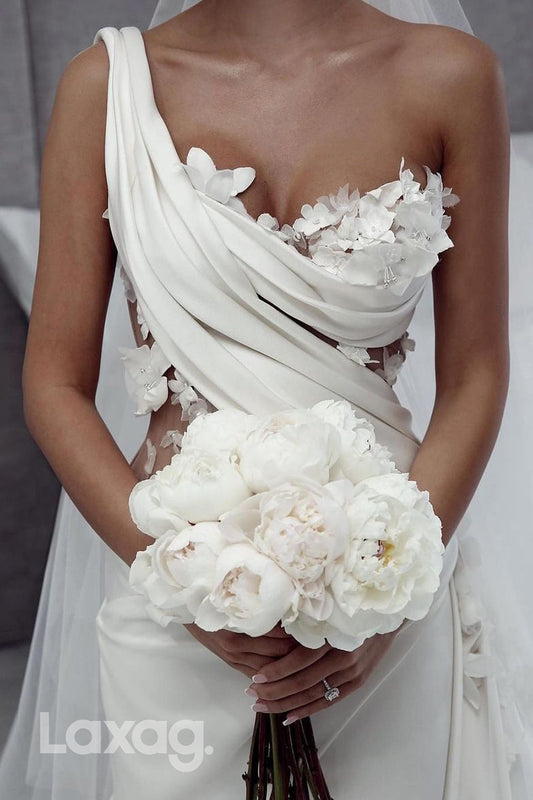 15535 - Asymmetrical Sheer Appliques Draped Long Wedding Dress