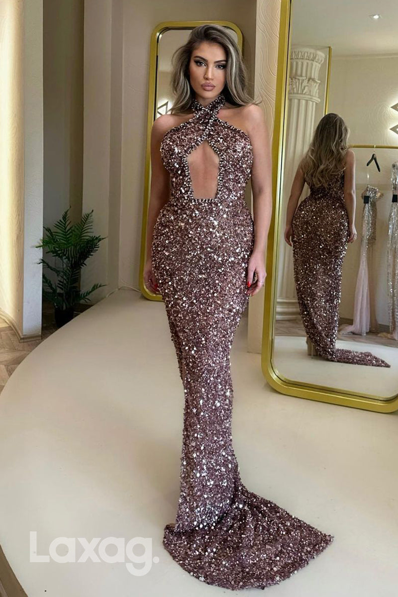 12710 - Sequined Front Cut Outs Halter Sheath Prom Evening Dress