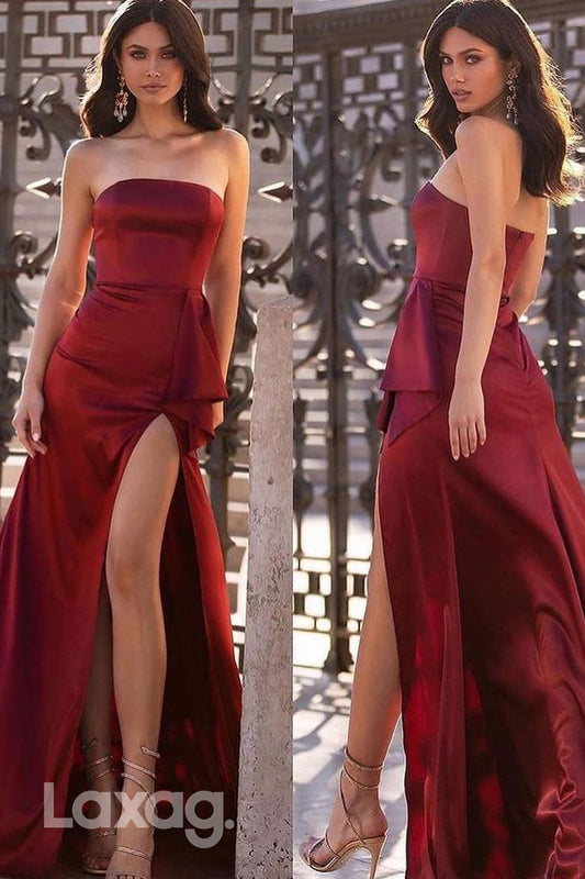 14741 - Luxurious Red Strapless Satin Long Prom Evening Dress With Slit