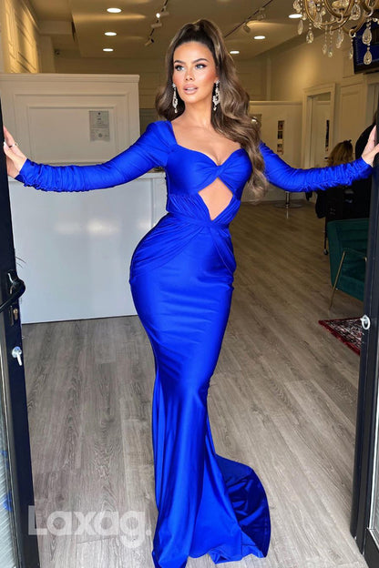 15706 - Blue Front Cut Outs Long Sleeves Prom Evening Dress
