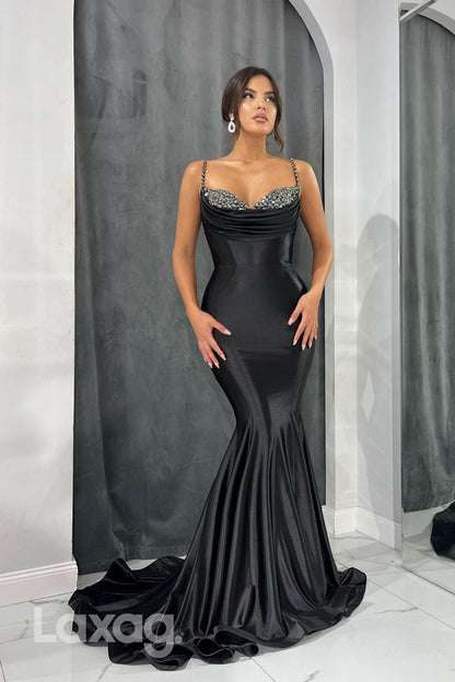 15716 - Black Spaghetti Straps Beaded Prom Evening Dress With Sweep Train