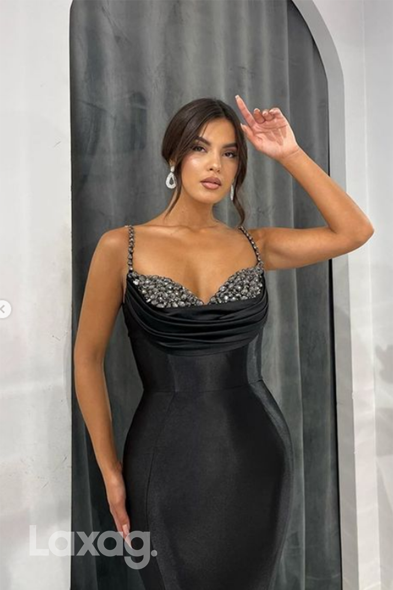 15716 - Black Spaghetti Straps Beaded Prom Evening Dress With Sweep Train