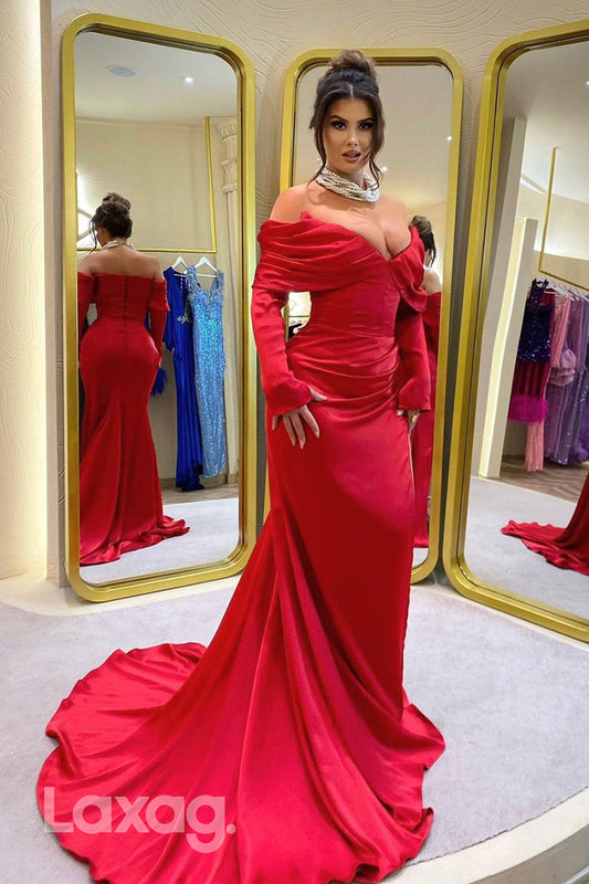 15721 - Red Off-Shoulder Draped Brush Train Long Prom Evening Dress
