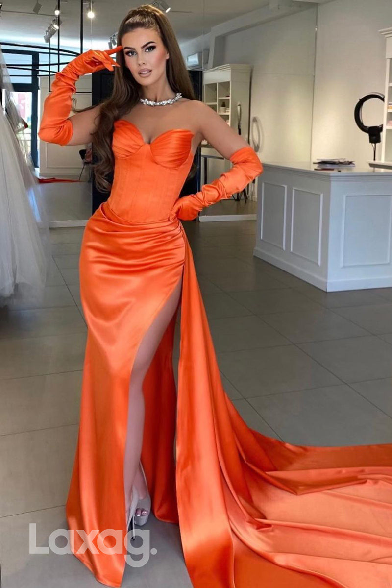 15732 - Orange High Side Split Half Sleeves Sweep Prom Evening Dress