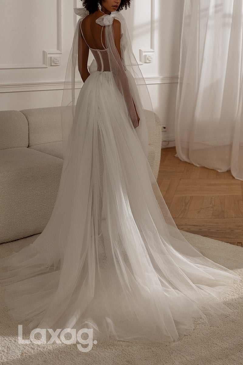 15664 - A Line Sweetheart Ruched Appliques Boho Wedding Dress with Slit