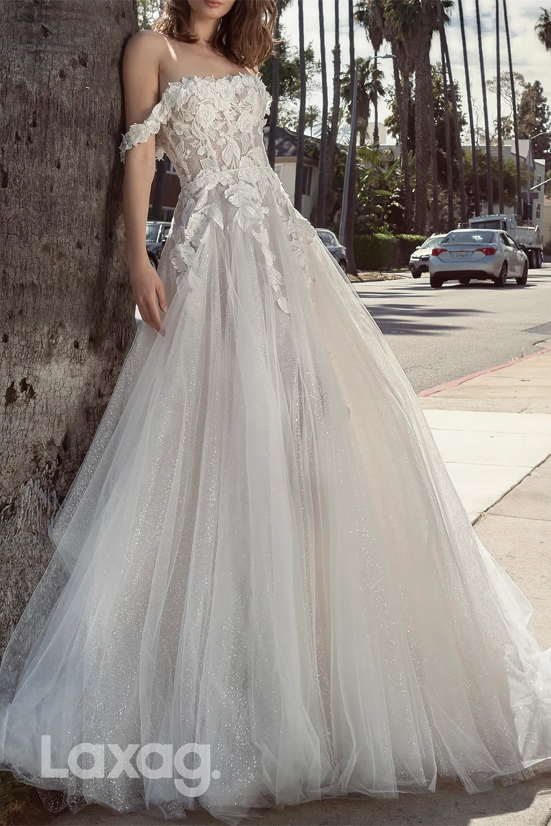 15666 - A Line Off Shoulder Lace Appliques Elegant Wedding Dress