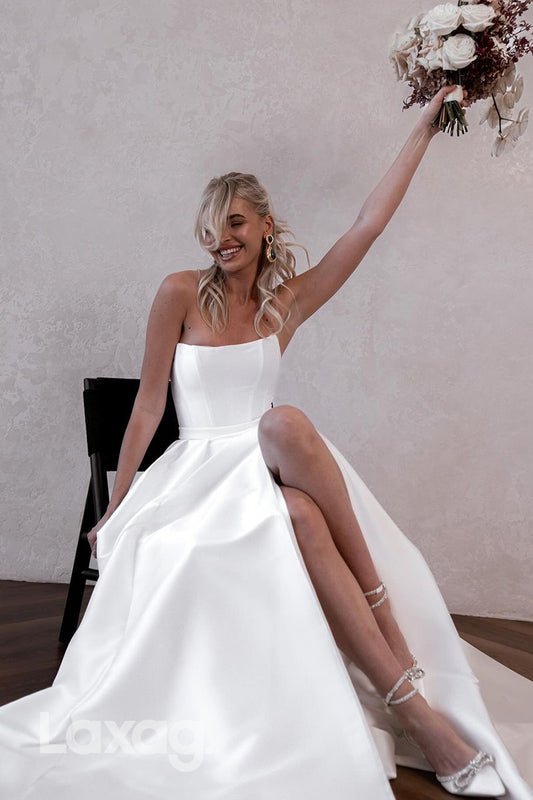 15668 - A Line Strapless Satin Elegant Wedding Dress with Detachable Skirt