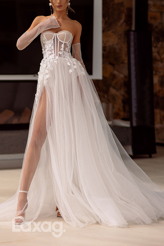 15669 - A Line Sweetheart Lace Appliques Boho Wedding Dress with Slit