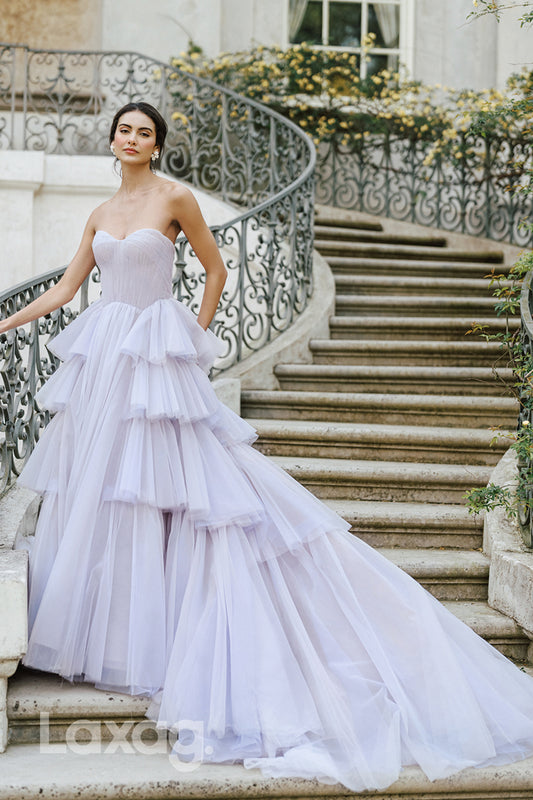 15680 - A Line Sweetheart Tulle Tiered Lilac Rustic Wedding Dress