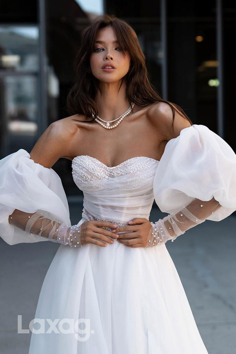 12522 - Strapless Pearls Appliqued Split A-Line Wedding Dress