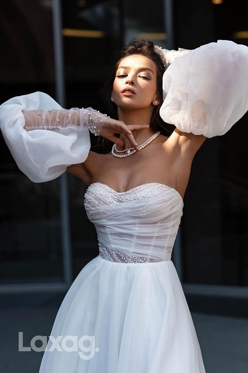 12522 - Strapless Pearls Appliqued Split A-Line Wedding Dress