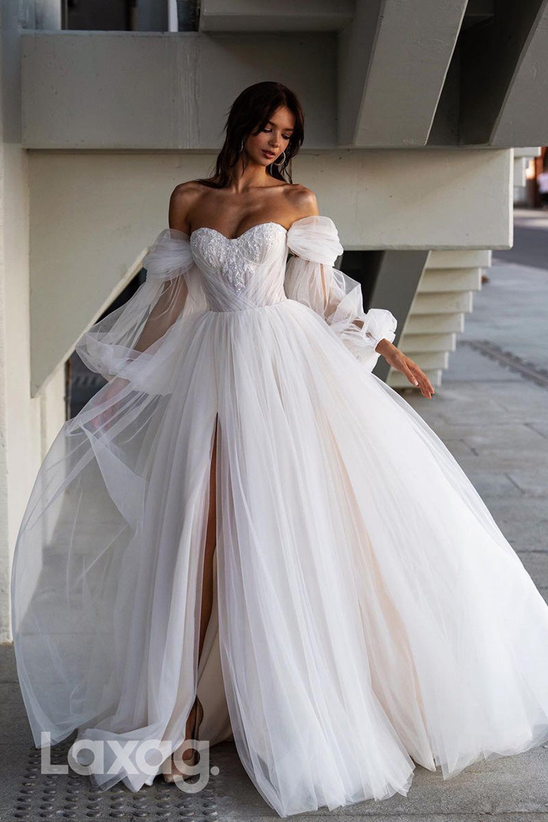 12551 - Luxurious Sheer Sweetheart Button Split Wedding Dress