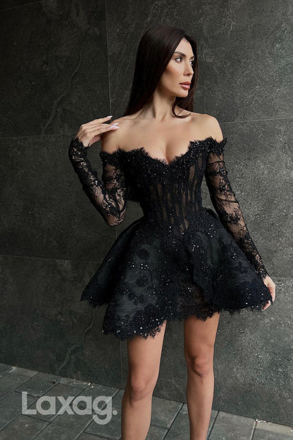 12169 - Black Off-Shoulder Sheer Lace Beaded Short Homecoming Dress