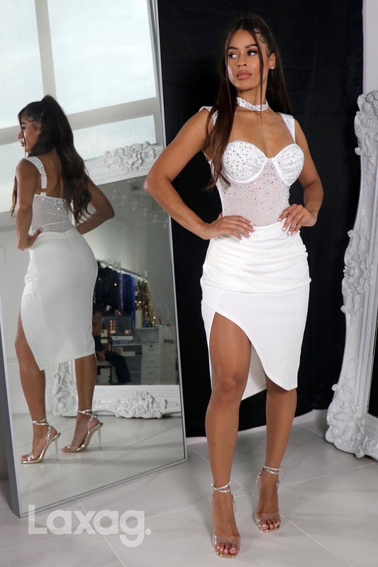 13149 - White Sweetheart Sheer Ruched Beaded Homecoming Dress