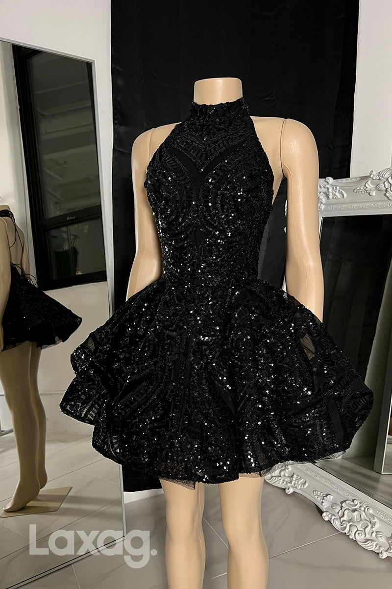13154 - Black High Neck Glitter Sequined Lace Tiered Homecoming Dress