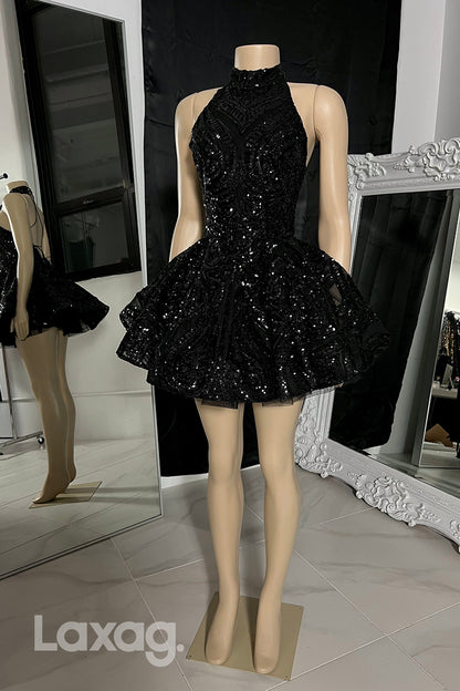 13154 - Black High Neck Glitter Sequined Lace Tiered Homecoming Dress