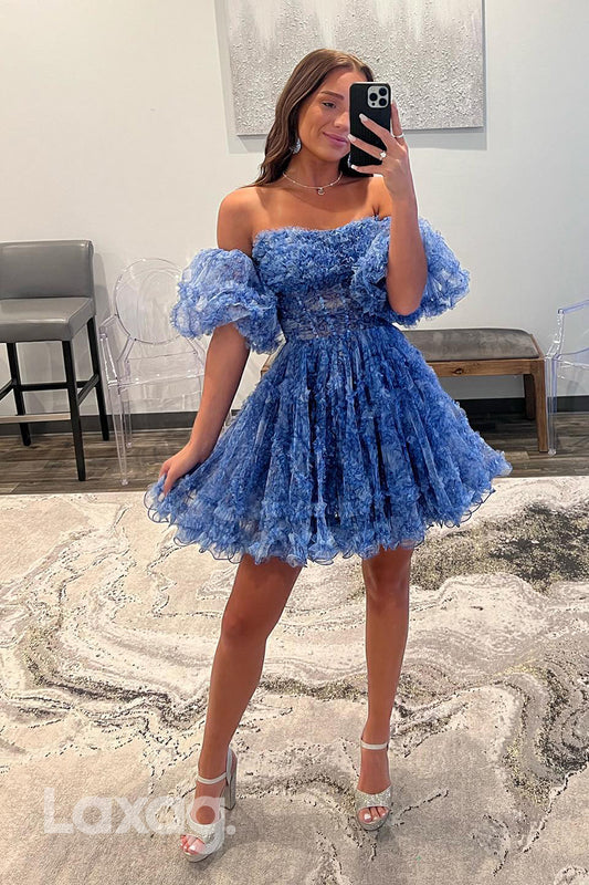 12105 - Blue Strapless Puff Sleeves Tulle Ruffles Prom Homecoming Dress