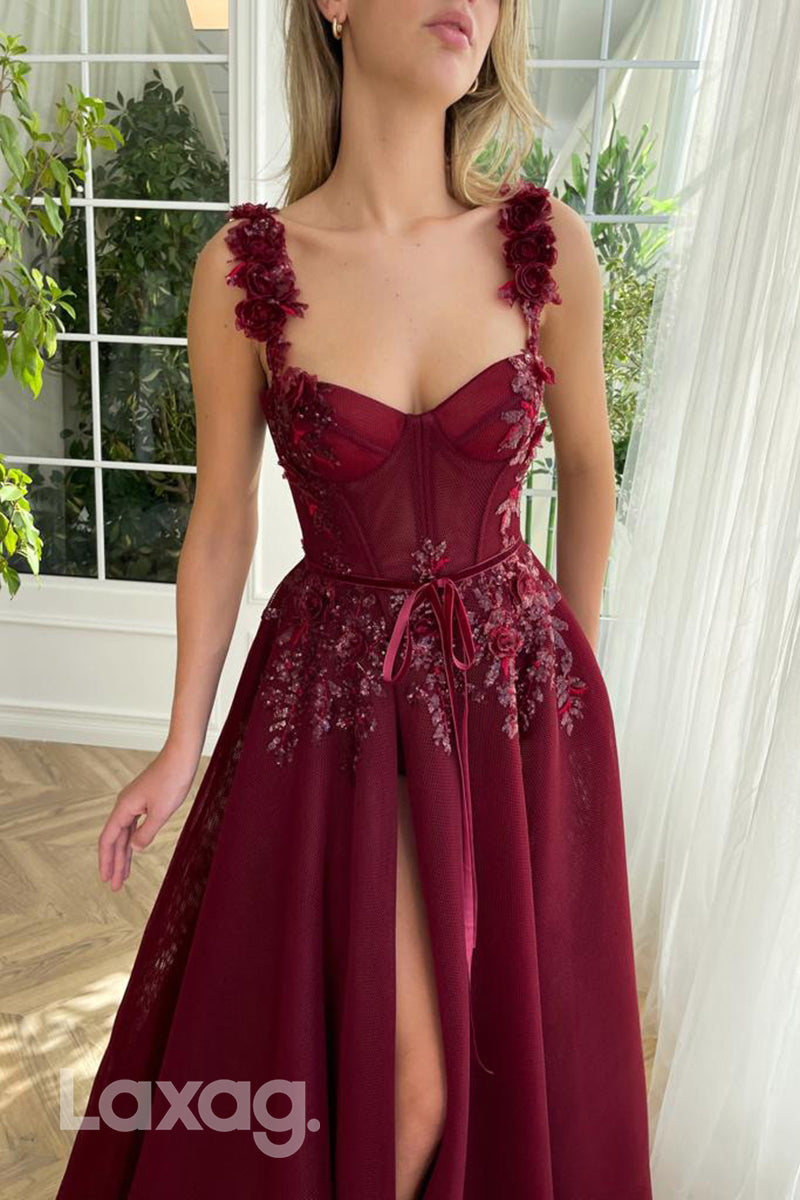 15720 - A Line Sweetheart Appliques Burgund Prom Formal Dress with Slit