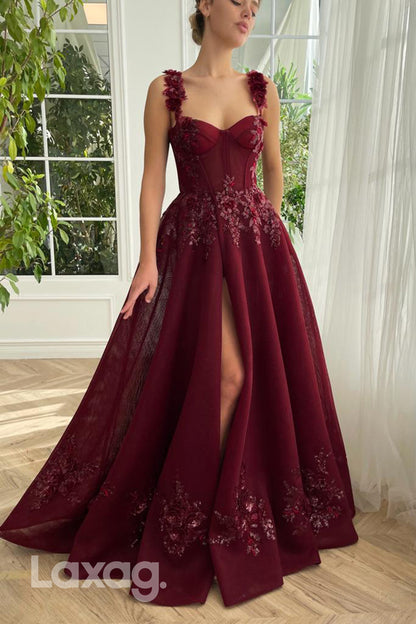 15720 - A Line Sweetheart Appliques Burgund Prom Formal Dress with Slit