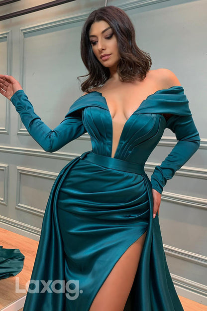 18782 - Plunging Vneck Satin Ruched Long Sleeves Mermaid Formal Evening Dress with Slit
