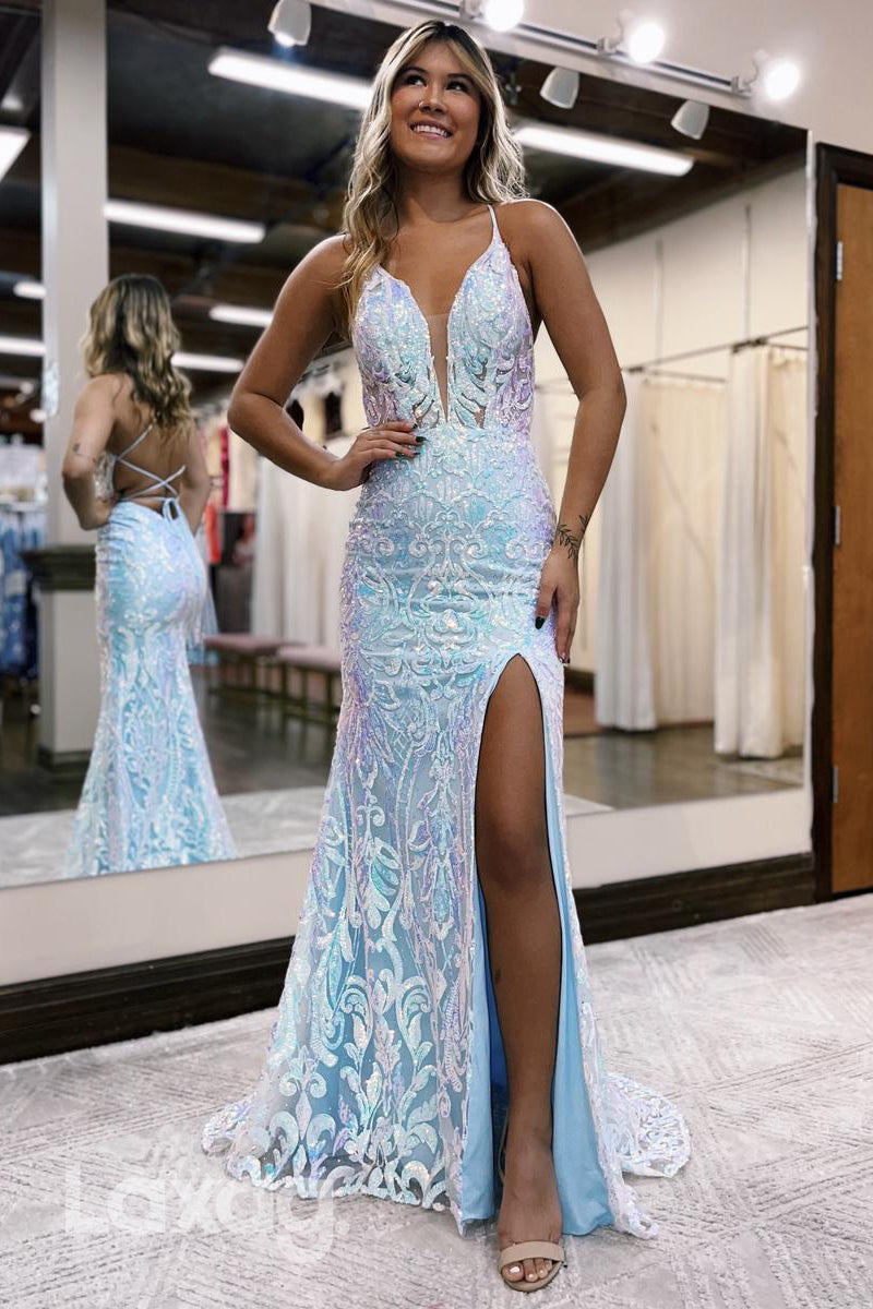 21950 - Plunging V -neck Sequins Mermaid Long Semi Formal Prom Dress with Slit