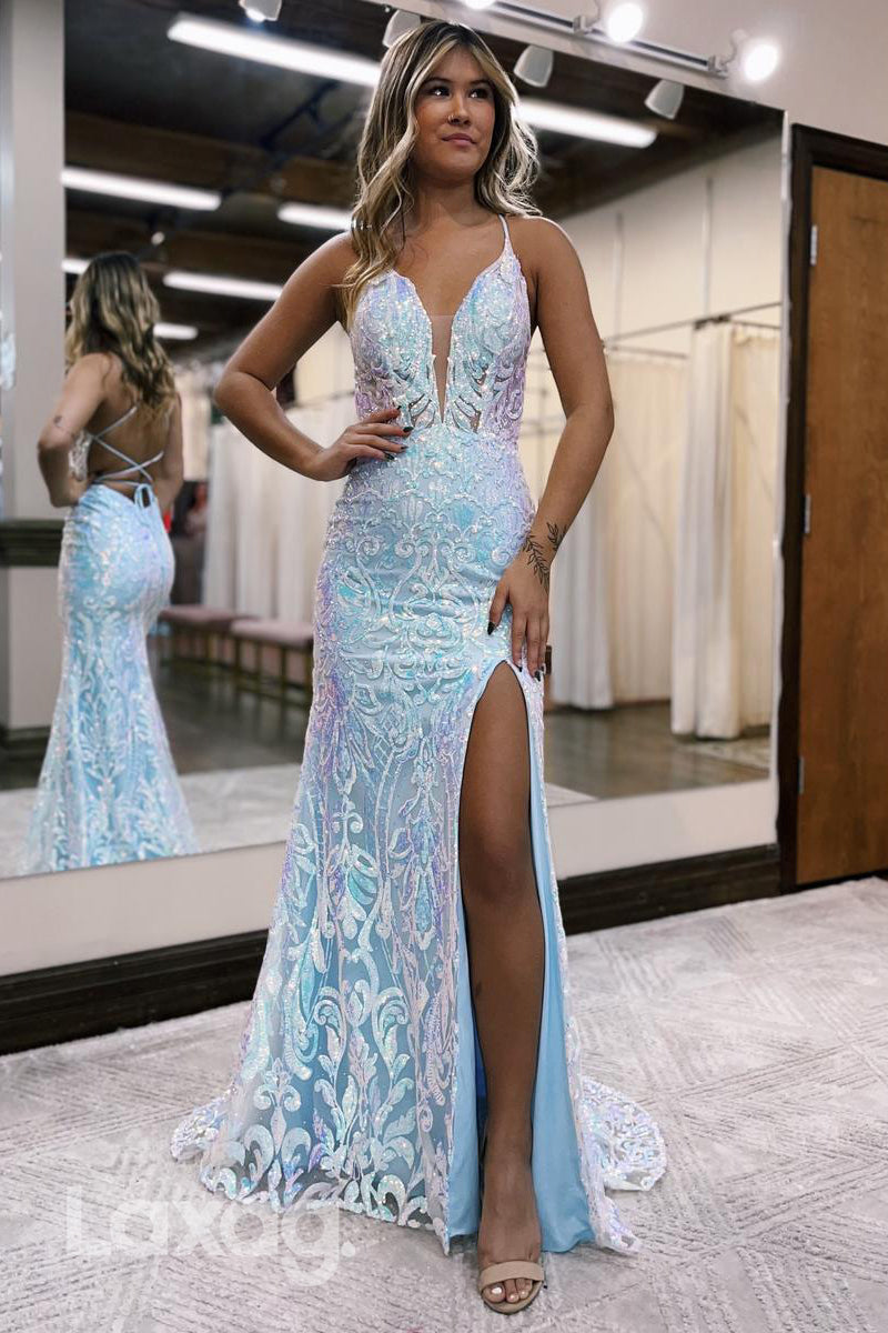 21950 - Plunging V -neck Sequins Mermaid Long Semi Formal Prom Dress with Slit