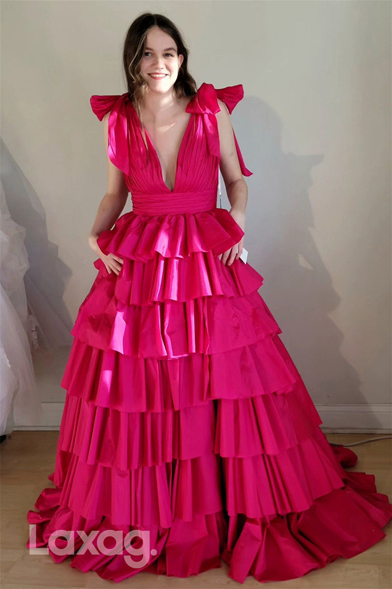 22019 - Plunging V neck Tiered Long Pink Formal Prom Dress