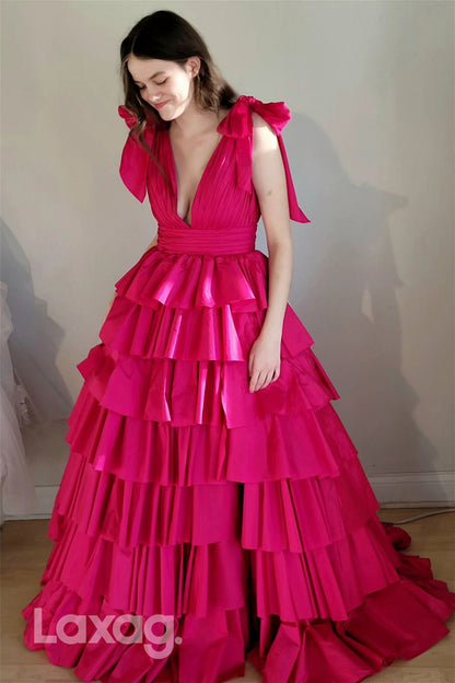 22019 - Plunging V neck Tiered Long Pink Formal Prom Dress